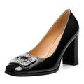 MadameHua Women's Pumps, Closed Toe Heel Dress Pumps with Fashionable Square Toe and Rhinestone Embellishments for Women, Black Patent, 4.5 UK