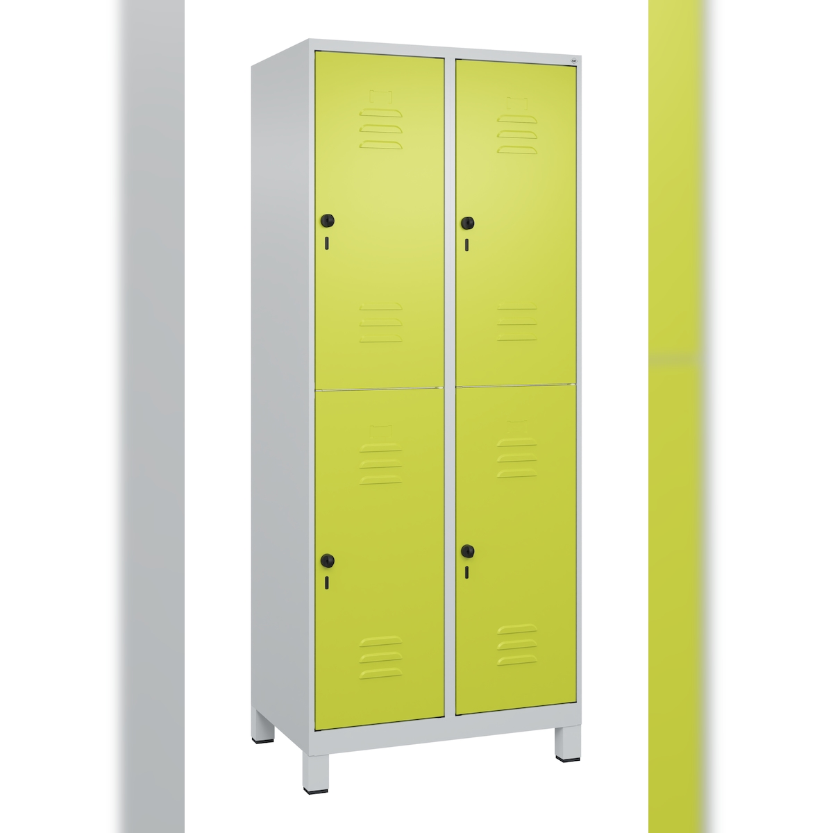 C+P Spind Classic PLUS, Füßen, 4 Abteile, HxBxT 195x80x50cm, Sicherheitsdrehriegel, Hellgrau/Clowngrün von PROREGAL Image