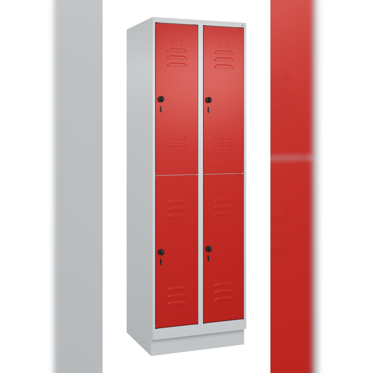 C+P Spind Classic PLUS, Sockel, 4 Abteile, HxBxT 195x60x50cm, Sicherheitsdrehriegel, Hellgrau/Rot von PROREGAL Image