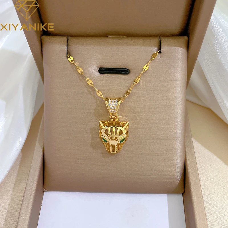 XIYANIKE 316L Collier en acier inoxydable creux tête de léopard pendentif doré accessoires pour femmes anniversaire bijoux cadeaux Collier