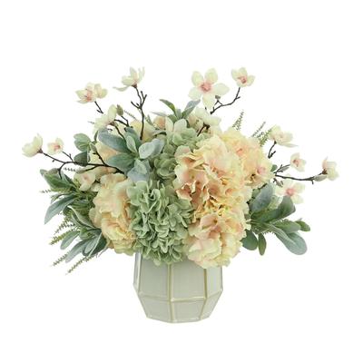 Butterfly Magnolias, Hydrangeas, and Lamb's Ear Arrangement in a Ceramic Vase - White, Pink, Seafoam, Peach, Green