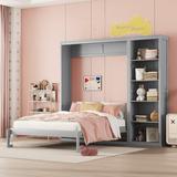 Full/Queen Size Murphy Bed with 5-Tier Storage Shelves, Folding Wall Bed, Murphy Bed Cabinet, Murphy Chest Bed for Guestroom