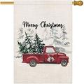 Merry Christmas Garden Flags Red Truck Double Sided Rustic Christmas Trees Yard Flag Xmas Outside Flags 12.5x18 Inch Burlap Winter House Flag Decoration Seasonal Home Decor Flag (12.5X18