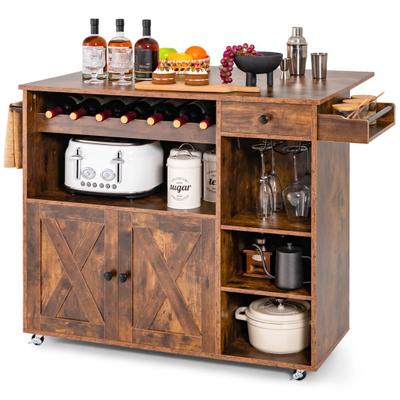 Costway Rolling Kitchen Island Cart with Drop Leaf and Wine Rack-Rustic Brown