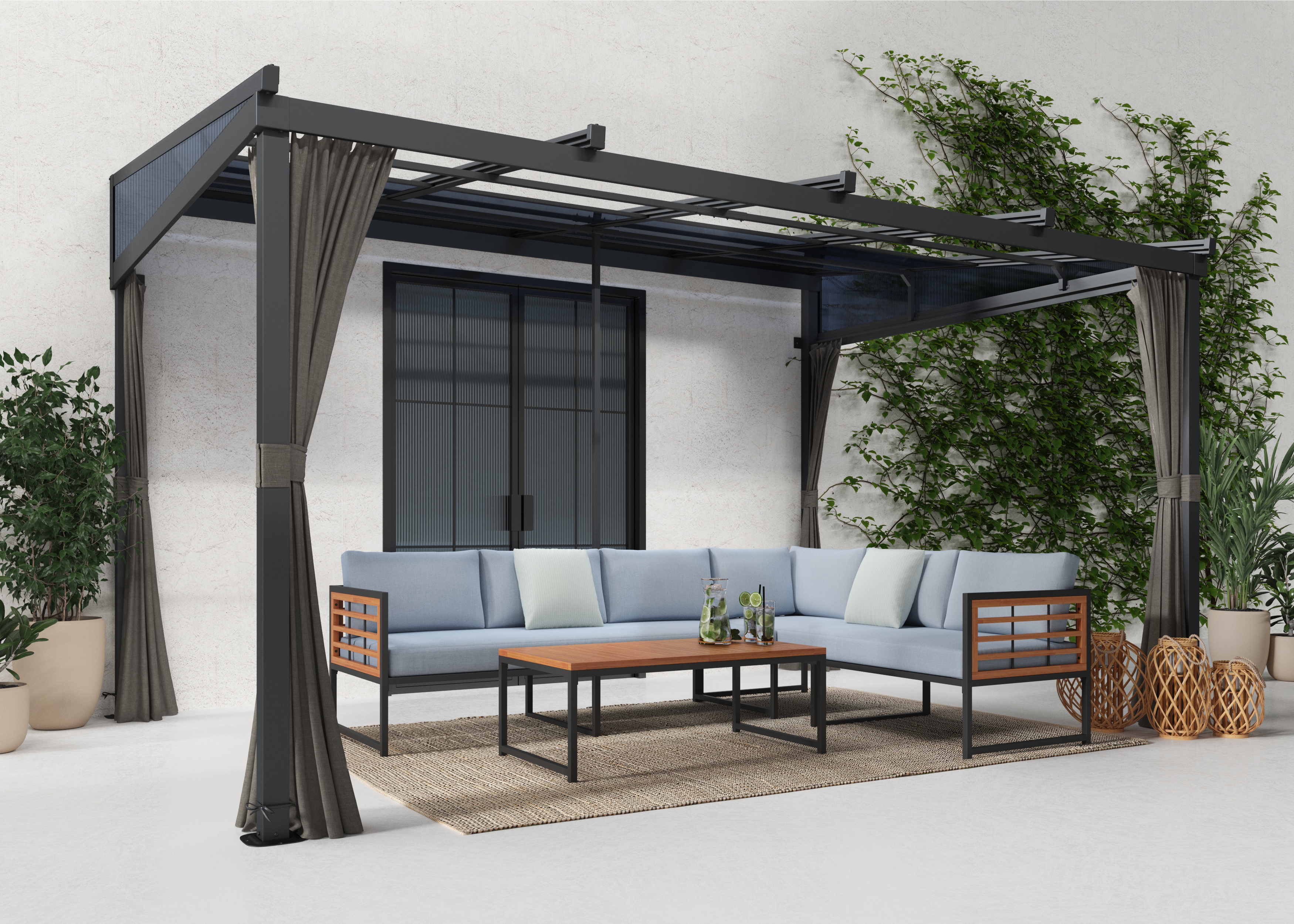 Anbaupavillon KONIFERA "Bilbao, Terrassenüberdachung", grau (anthrazit), B/H/T: 423cm x 240cm x 296cm, Pavillons, verschiedene Maße, ohne Seitenteile Image