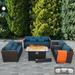 Waroom 5 Pieces Outdoor Conversation Fire Pit Set Patio Furniture Couch Loveseat Chairs and Fire Pit with Glass Wind Guard 60000BTU Peacock Blue