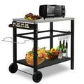 Movable Outdoor Grill Cart Pizza Oven Stand Multifunctional Kitchen Food Prep Table Stainless Steel Tabletop Black Dining Worktable Station with 2 Wheels
