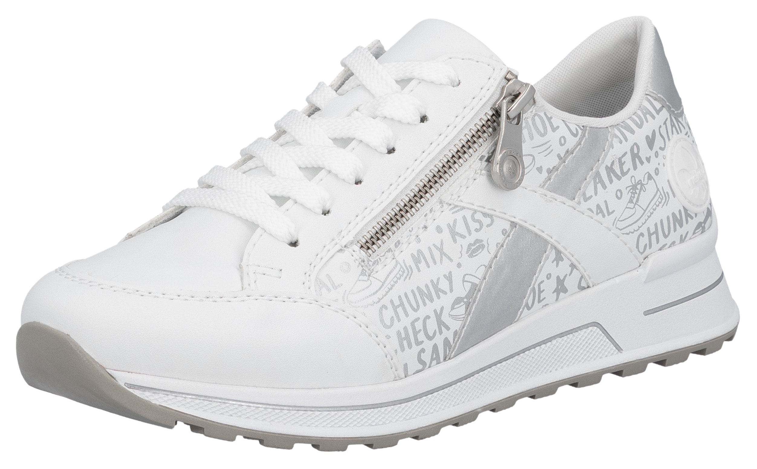 Sneaker RIEKER, Damen, Gr. 36, silber (weiß, silberfarben), Lederimitat, Schuhe Sneaker, herausnehmbarer Soft-Einlage, Freizeitschuh, Halbschuh, Schnürschuh