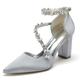 DEHIWI Women's Pointed Toe Bridal Pumps Chunky Block High Heel Dress Party Wedding Shoes Rhinestone Ankle Strap Court Shoes,Silver,7 UK