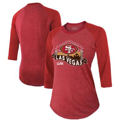 Majestic Threads San Francisco 49ers Super Bowl LVIII Vegas Raglan-T-Shirt aus Tri-Blend-Material mit 3/4-Ärmeln für Damen in Scharlachrot Image