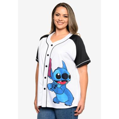 Plus Size Women's Disney Stitch Baseball Jersey Button Down Shirt by Disney in White (Size 1X (14-16))