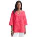 Plus Size Women's Linen V-Neck Embroidered Tunic by Jessica London in Vibrant Watermelon Embroidery (Size 26 W) Long Shirt Made in the USA