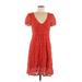 Leifnotes Casual Dress - A-Line V Neck Short sleeves: Red Solid Dresses - Women's Size Medium