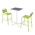 Ensemble table haute stratifié ardoise gris et 2 chaises hautes vert