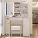 Right Cabinet Desktop Vanity Table + Cushioned Stool w/ 2 AC Power