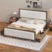 Natural Wooden Bed Frame with Beige Linen Upholstered Fabric Headboard Footboard, 4 Pull-out Drawers, Platform Storage Bed Frame