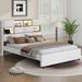 Full/Queen Size Bed Frame with LED Lights and Bookcase Headboard, Upholstered Platform Bed with USB Ports and Storage Shelves