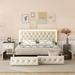 Beige Queen Size Upholstered Platform Bed with 4 Storage Drawers, PU Leather Bed Frame with LED Light Headboard