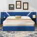 Blue Queen Size Storage Upholstered Hydraulic Platform Bed w/ USB,2 Shelves&2 Lights