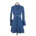 Banana Republic Casual Dress - Shirtdress High Neck Long sleeves: Blue Print Dresses - Women's Size 2 Petite