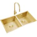 VVHUDA Kitchen Sink,Kitchen Sinks, with Pull-Out Faucet, Golden Double Bowl Bar Prep Kitchen Sink, Drop-in Or Undermount Installation, Brushed Stainless Steel, Easy to Clean small gift