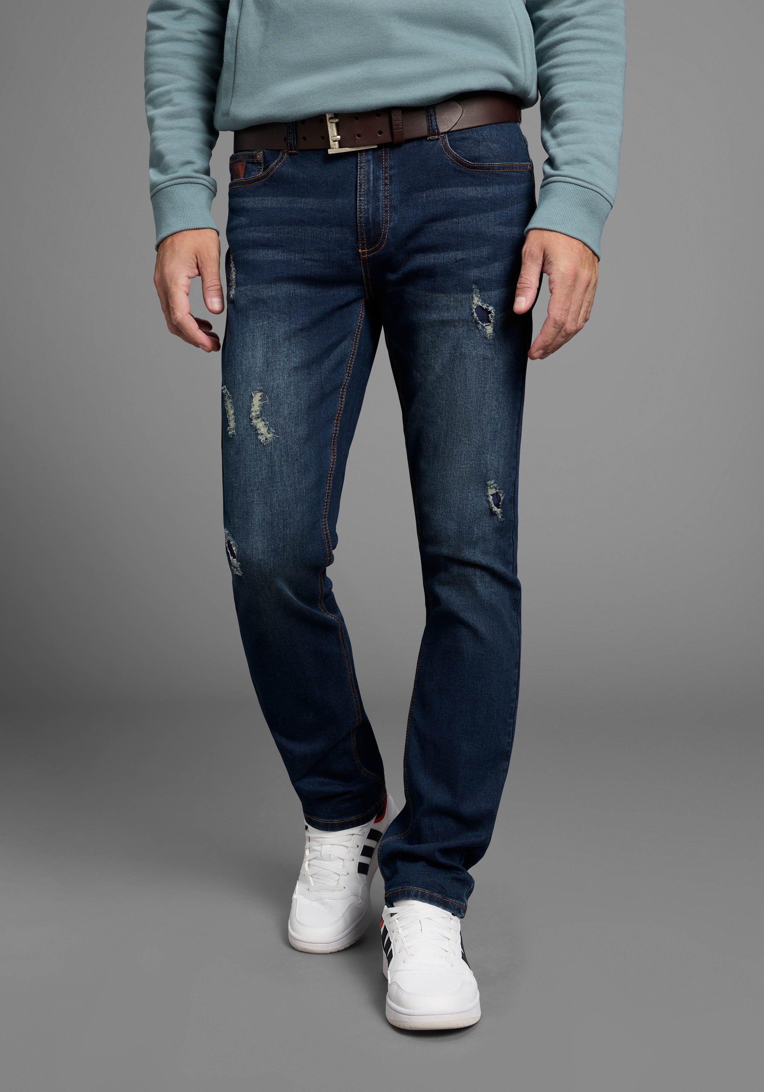 Straight-Jeans BRUNO BANANI "Hutch", Herren, Gr. 28, Länge 30, blau (blau dam.), Denim/Jeans, Obermaterial: 98% Baumwolle, 2% Elasthan, Destroyed-Effekte, normal lang, Jeans Straight-Jeans, gerade geschnittenes Bein, niedrige Leibhöhe, reguläre...