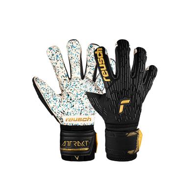 Torwarthandschuhe REUSCH "Attrakt Freegel Fusion Ortho-Tec", Damen, Gr. 8, gold (schwarz, goldfarben), 59% Elastodien, 27% Polyamid, 9% Polyester, 5% Polypropylen, mehrfarbig, sportlich, Handschuhe, mit Evolution Negative Cut