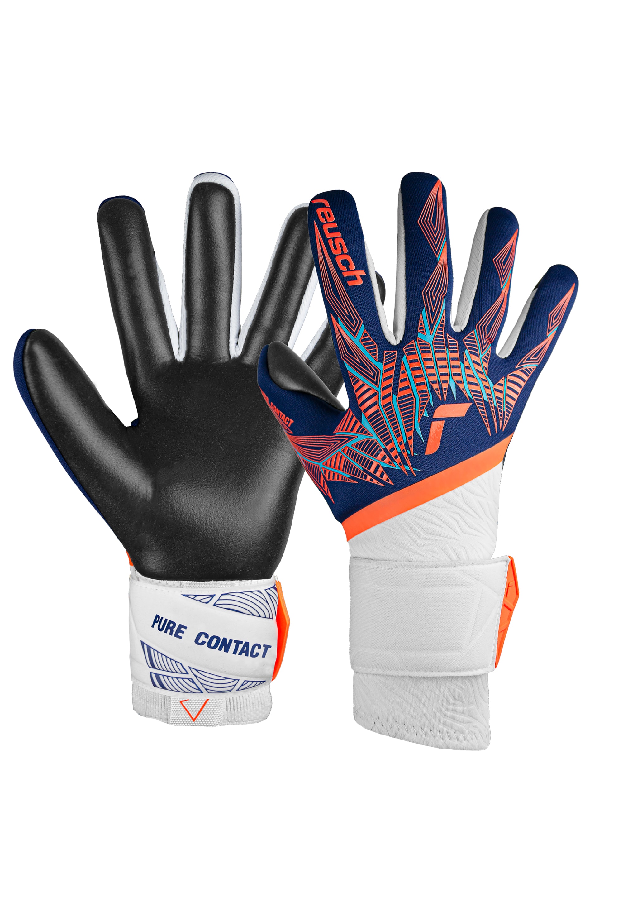 Torwarthandschuhe REUSCH "Pure Contact Gold", Damen, Gr. 11, blau (blau, orange), 80% Elastodien, 13% Polyester, 6% Polyamid, 1% Polyurethan, mehrfarbig, Sportlich, Handschuhe, mit Hybrid Negative Cut Image