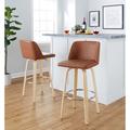 LumiSource Toriano 30" Contemporary Fixed-Height Barstool w/ Swivel In Natural Wood & Camel Faux Leather w/ Round Chrome Metal Footrest | Wayfair