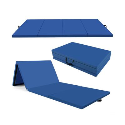 Costway 4-Panel PU Leather Folding Exercise Mat with Carrying Handles-Navy