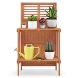 Costway Folding Garden Potting Bench with 2-tier Storage Shelves and Teak Oil Finish for Garden Yard Balcony