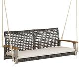 2-Person Patio Rattan Hanging Swing Chair Porch Loveseat Cushion Beige
