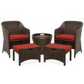5-Piece Red Outdoor Wicker Patio Bistro Furniture Set w/ Storage Table No Assembly