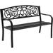 KUF Garden Bench Outdoor Metal Porch for PP Garden Yard Patio Bench with Weather-Resistant Cast Iron Backrest and Welcome Pattern (Black)