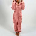 FAVIPT Women Fluffy Fleece Hooded Jumpsuits 2023 Winter Warm Thermal Romper Fleece Onesie Pajama One-Piece Zipper Hooded Jumpsuit Sleepwear Playsuit for Women