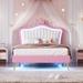 Twin Size Upholstered Bed Frame with LED Lights, Modern Upholstered Princess Bed With Crown Headboard