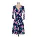 Brixon Ivy Casual Dress - A-Line V Neck 3/4 sleeves: Blue Floral Dresses - Women's Size X-Small