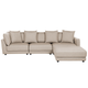 3-Sitzer Sofa Beige Stoffbezug mit Ottomane Vielen Dekokissen Dicken Sitzkissen Schmalen Armlehnen Niedrier Rückenlehne Losen Kissen Modern