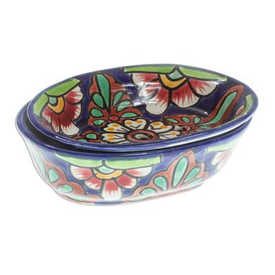 Blue Bouquet,'Hand Crafted Talavera-Style Soap Dish'