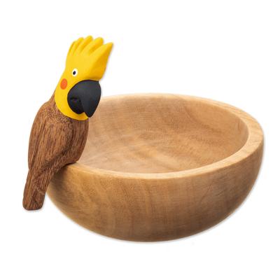Cockatoo Spirit,'Handmade Cedar Wood Decorative Bowl with a Yellow Cockatoo'