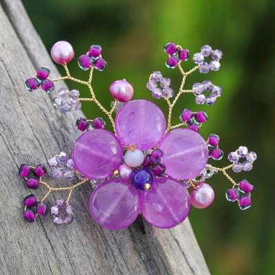 'Flower-Shaped Purple Cultured Pearl and Quartz Br...