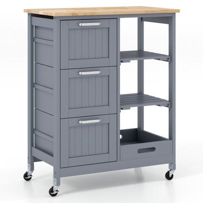 Costway Kitchen Island Cart on Wheels with Rubber Wood Top and 3 Drawersand Removable Tray-Gray