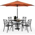 VILLA 7 Piece Outdoor Dining Set with Umbrella for 6 60\u201D Rectangular Metal Dining Table & 6 Stackable Metal Chairs & 13ft Large Beige Umbrella for Outdoor Deck Yard Porch