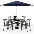 VILLA 5 Piece Patio Dining Set with 10ft Umbrella 37 Square Metal Dining Table & 4 Stacking Metal Chair with 3 Tier Navy Umbrella for Outdoor Deck Yard Porch
