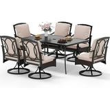 & William 8 Piece Patio Table and Chairs with 13ft Double-Sided Umbrella Outdoor Dining Furniture Set with 6 Padded Swivel Rocker Dining Chairs 1 Rectangular Metal Patio Table and 1