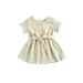 FOCUSNORM Summer Lovely Infant Baby Girls Dress Bowknot Belt Solid Short Sleeve Button Knee Length A-Line Dress