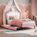 Twin Size Princess Bed with Crown Headboard and 2 Drawers, PU Platform Bed with Headboard & Footboard, White+Pink