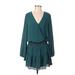 Krisa Casual Dress - DropWaist Plunge Long sleeves: Teal Print Dresses - Women's Size Small
