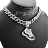 Silver PT Retro 11 Shoe Pendant & 16 ~ 24 Iced Cuban Box Lock Chain Necklace
