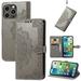 Allytech for iPhone 14 Pro Wallet Case Luxury PU Leather with Embossed Pattern Magnetic Clasp Kickstand Card Cash Slots Shockproof Slim Flip Case with Hand Strap for Women Men - Gray